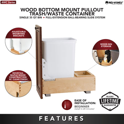 Rev-A-Shelf Single 35 qt. Pullout Bottom Mount Trash Can, Maple, 4WC-15DM1 - VMInnovations