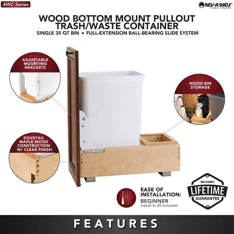 Rev-A-Shelf Single 35 qt. Pullout Bottom Mount Trash Can, Maple, 4WC-15DM1