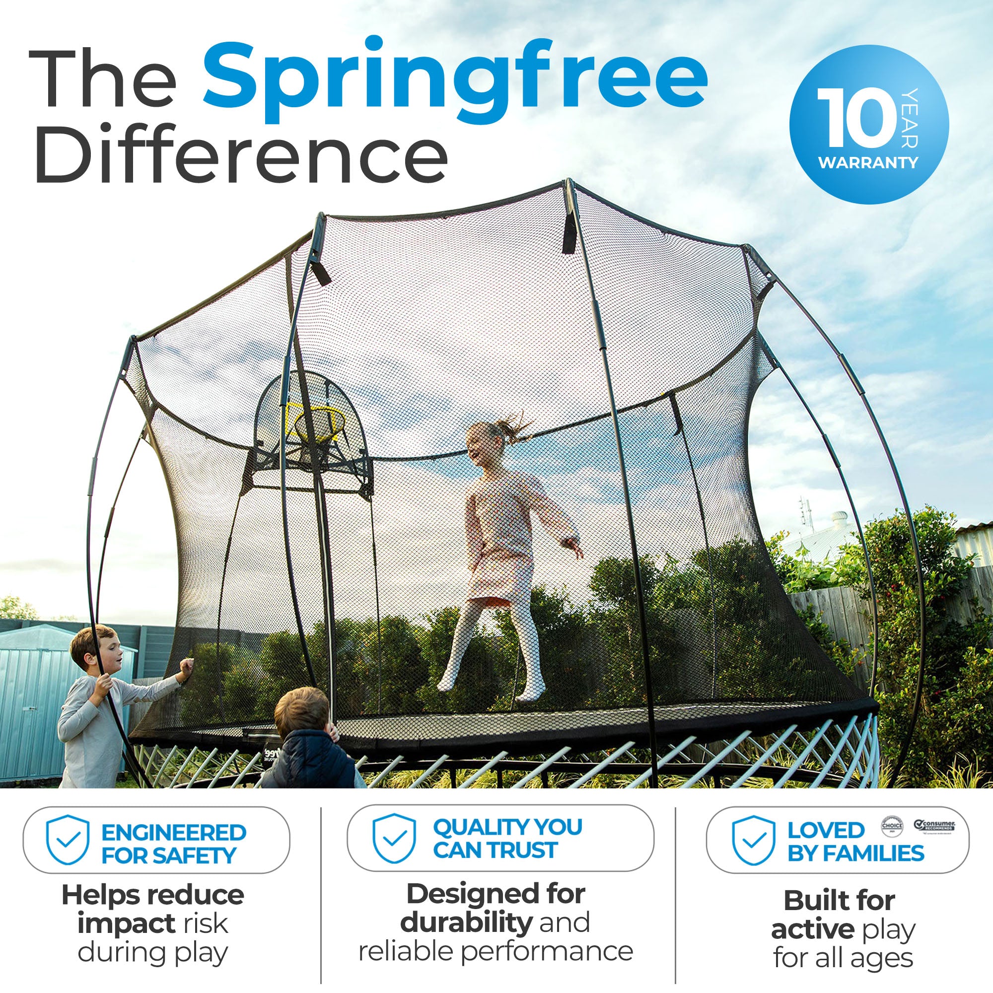 Springfree Trampoline Kids Oval 8 x 11 Ft Trampoline & FlexrHoop Basketball Game
