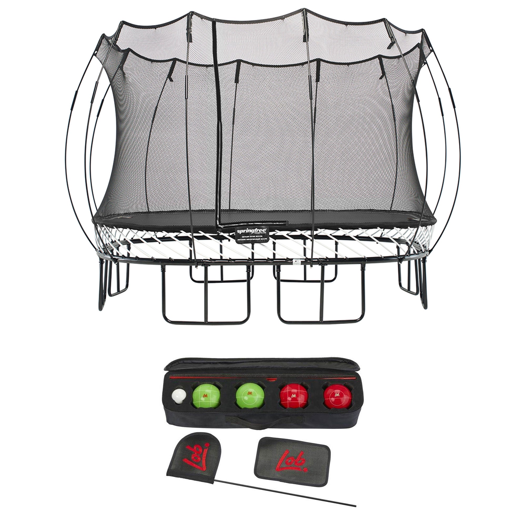 Springfree Trampoline Kids Square 11 Ft Trampoline & Lob Home Backyard Bocce Set