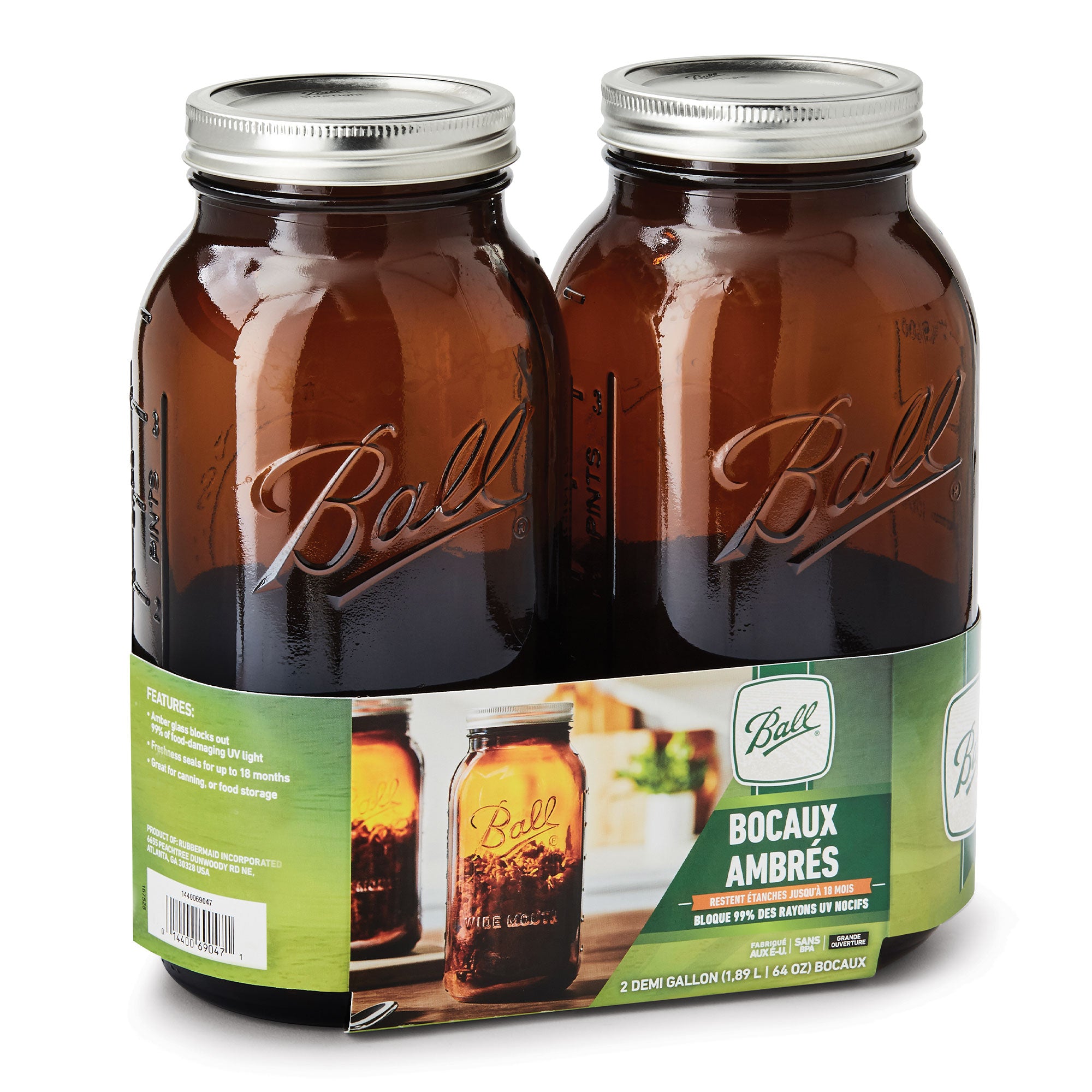 Ball 64 Ounce Wide Mouth Amber Glass Mason Storage Canning Jar with Lid, 2 Pack