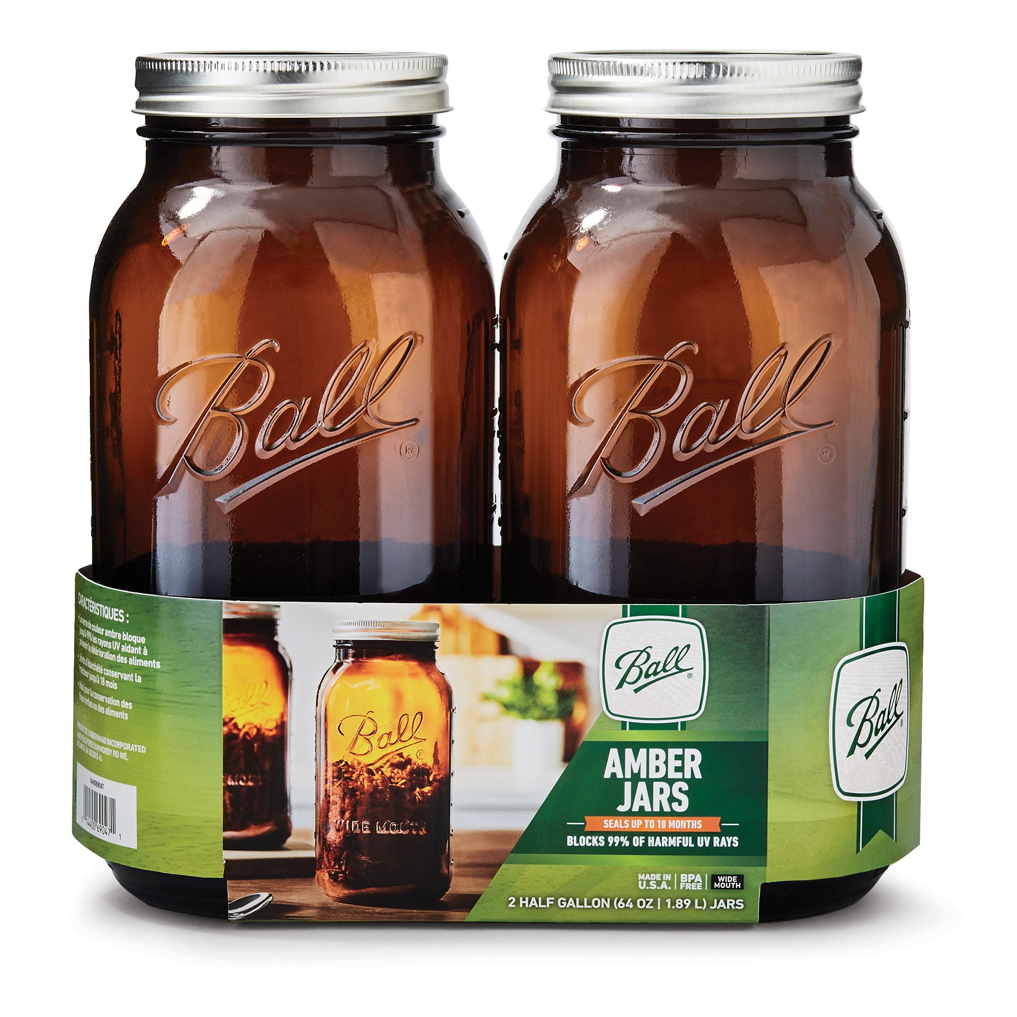 Ball 64 Ounce Wide Mouth Amber Glass Mason Storage Canning Jar with Lid, 2 Pack