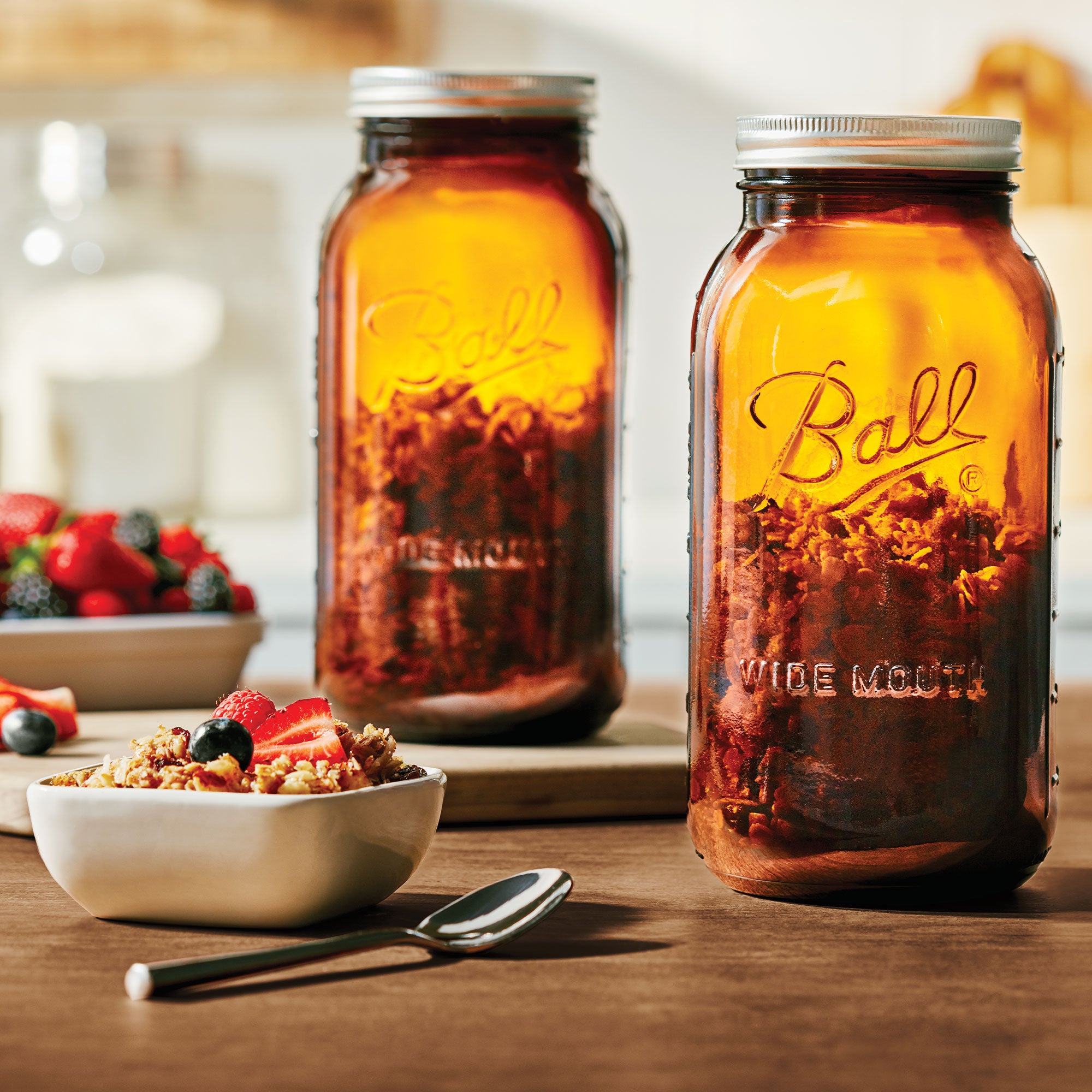 Ball 64 Ounce Wide Mouth Amber Glass Mason Storage Canning Jar with Lid, 2 Pack
