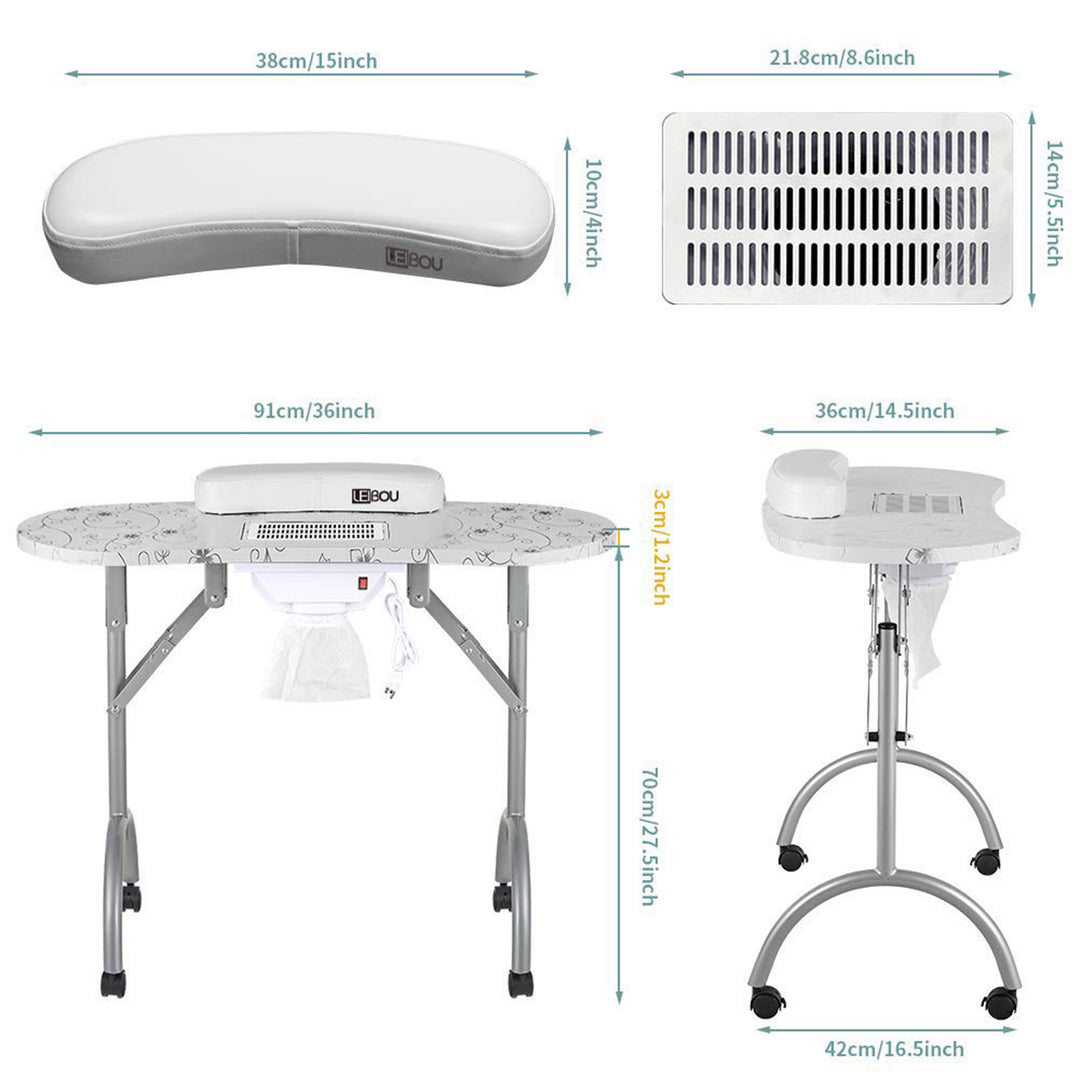 LEIBOU Professional 35" Vented and Portable Manicure Table, White (Open Box)