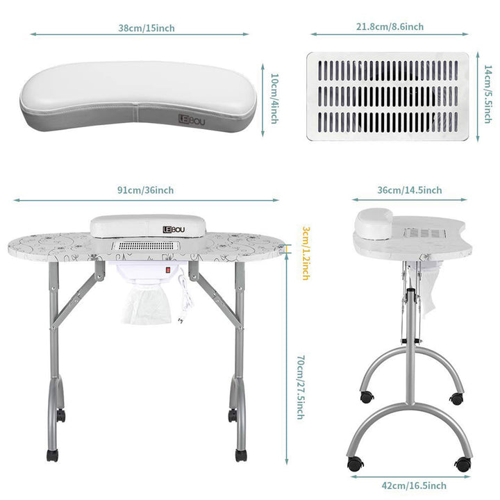 LEIBOU Professional 35" Vented and Portable Manicure Table, White (Open Box)