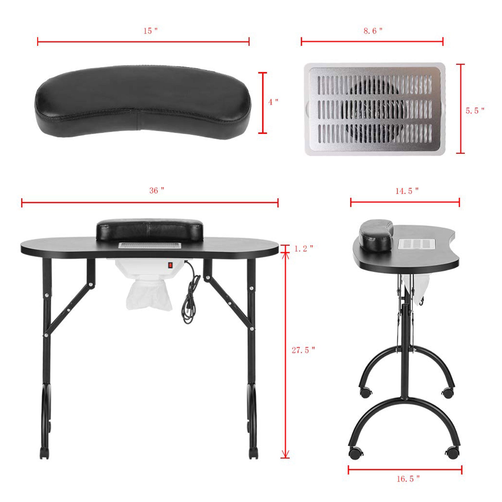 LEIBOU Vented Foldable Manicure Nail Technician Table w/ Fan, Black (Open Box) - VMInnovations