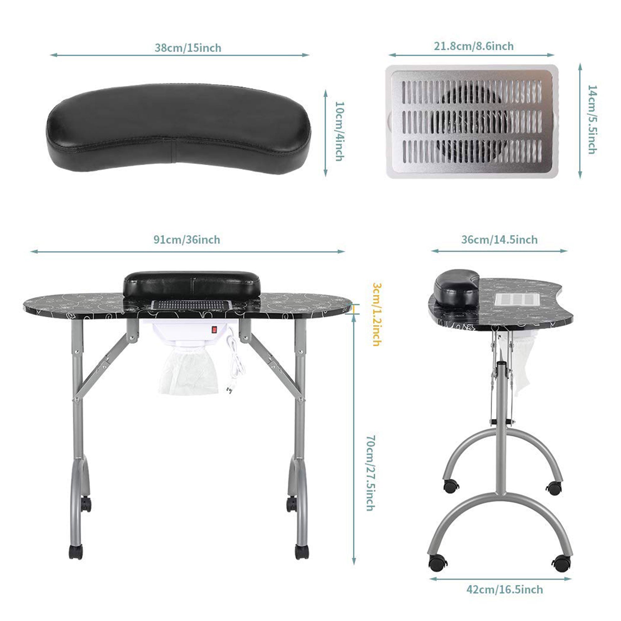 LEIBOU 36 Inch Vented Foldable Manicure Table w/ Fan, Black Flower (Open Box) - VMInnovations