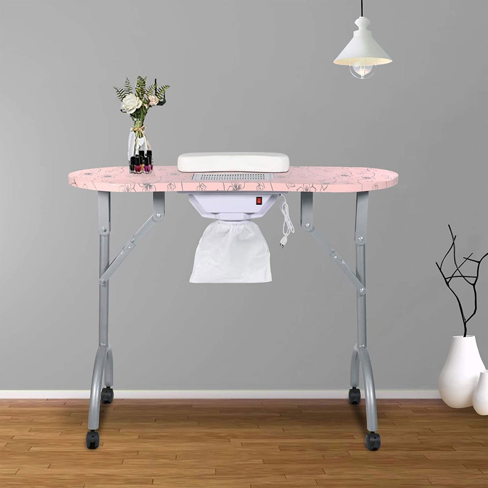 LEIBOU Professional 35" Vented & Foldable Manicure Table, Pink Flower(For Parts) - VMInnovations