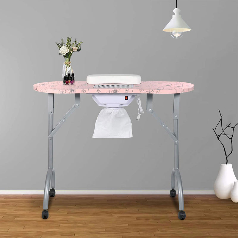 LEIBOU Professional 35 Inch Vented and Foldable Manicure Table, Pink Flower