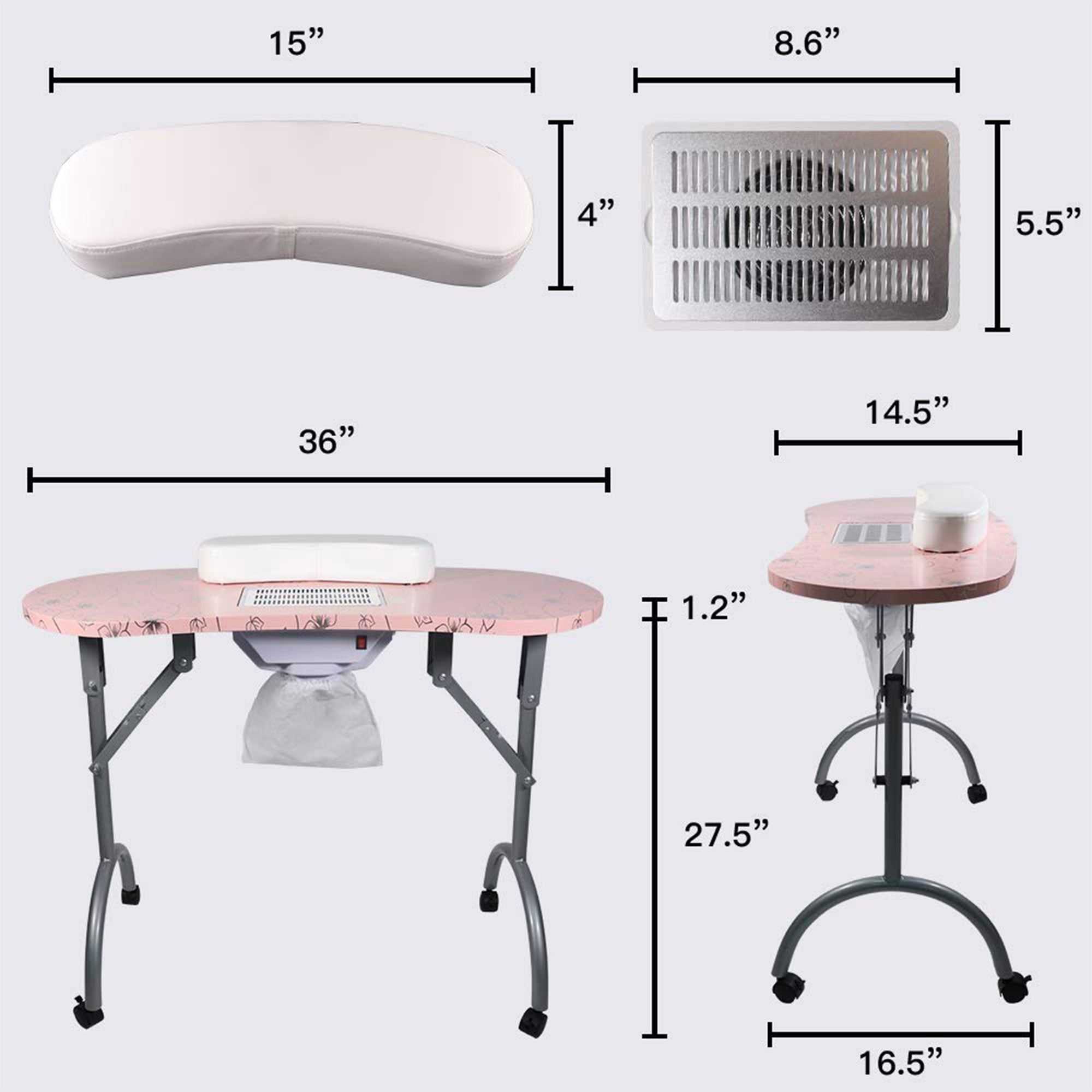 LEIBOU Professional 35" Vented & Foldable Manicure Table, Pink Flower(For Parts) - VMInnovations