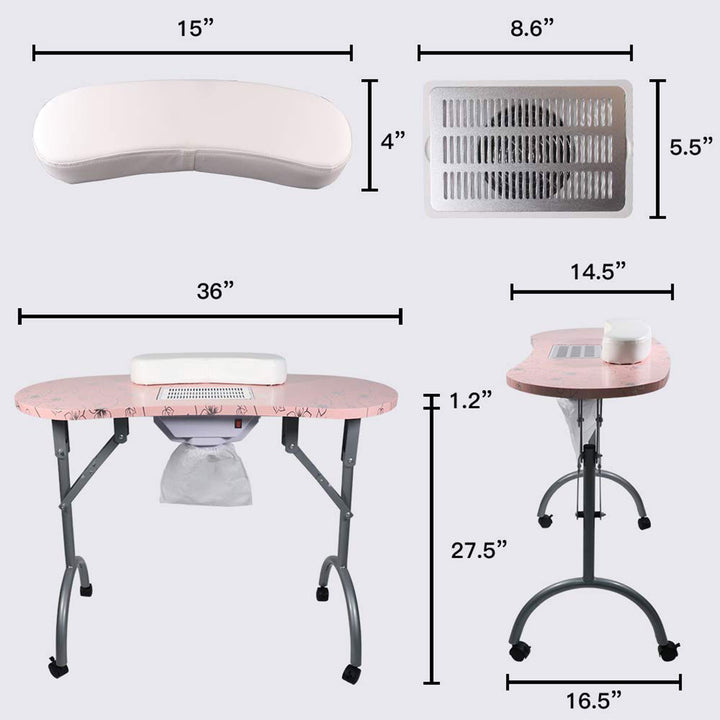 LEIBOU Professional 35" Vented & Foldable Manicure Table, Pink Flower(For Parts)