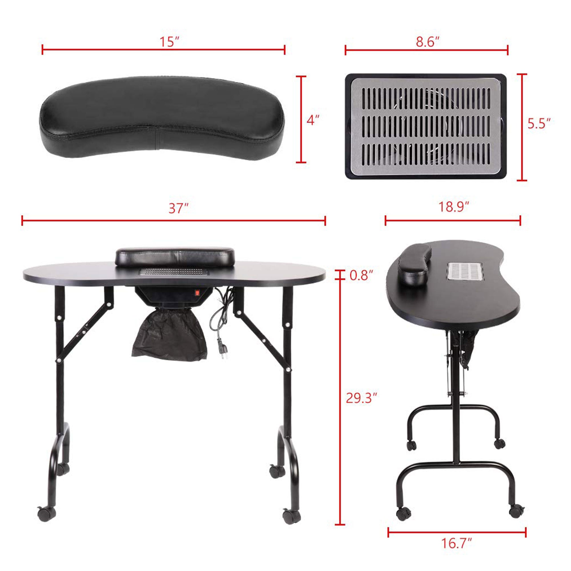 LEIBOU Professional Vented Portable Foldable Manicure Technician Table, Black