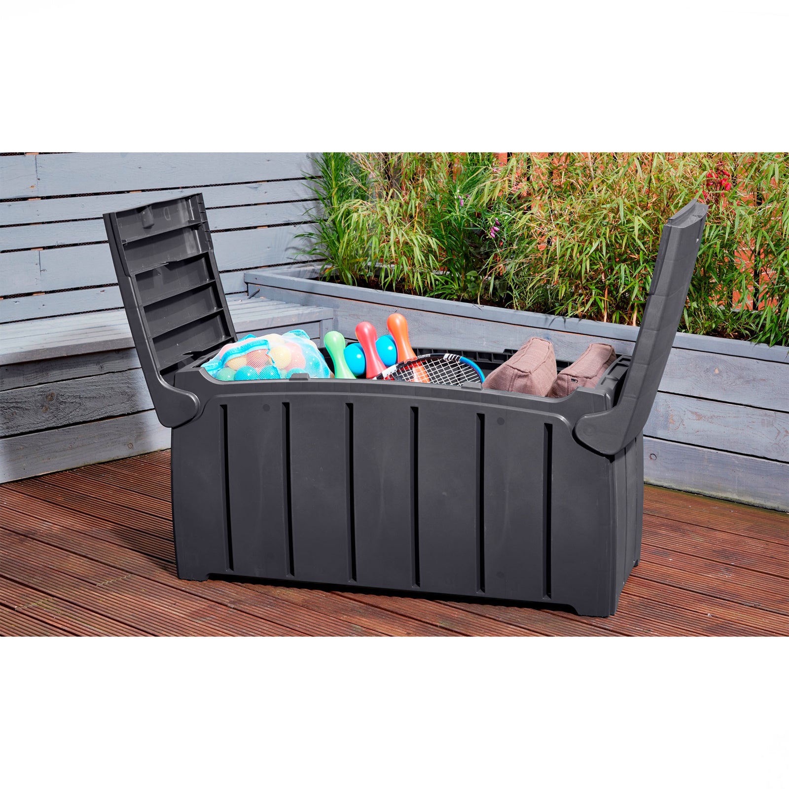 Strata Products Outdoor 85 Gal/321L Patio Storage Deck Box w/Dual Door Lid,Black - VMInnovations