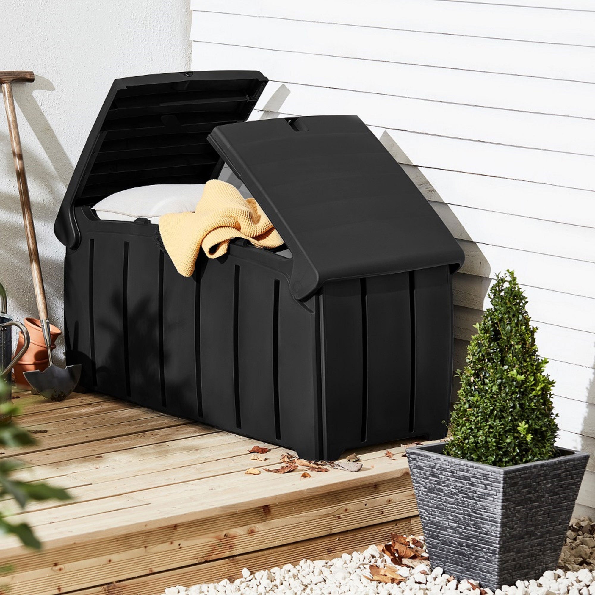 Strata Products 85 Gal Garden Storage Box w/ Double Door Lid, Black (Open Box) - VMInnovations
