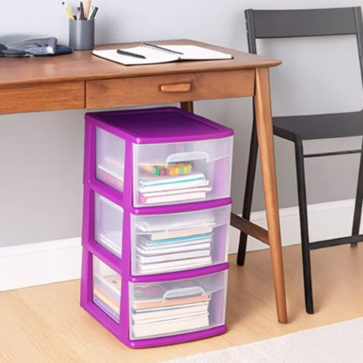 Homz Plastic 3 Drawer Med Storage Tower, Clear Drawers/Purple Frame(Open Box)