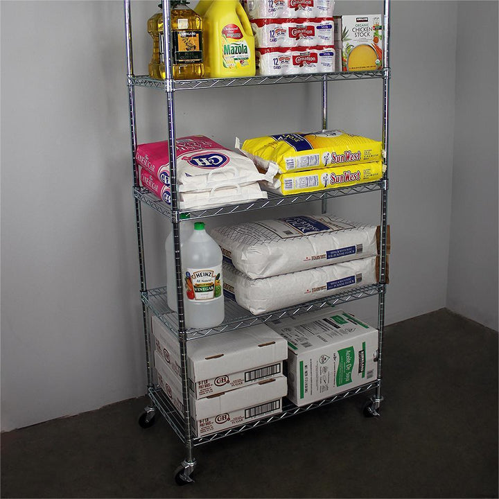 SafeRacks 18 x 36 x 72" 5 Tier Steel Wire Storage Shelving Rack w/Wheels, Silver