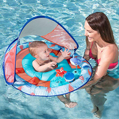 SwimWays Baby Spring Inflatable Round Pool Float w/Protective Canopy, Blue Whale