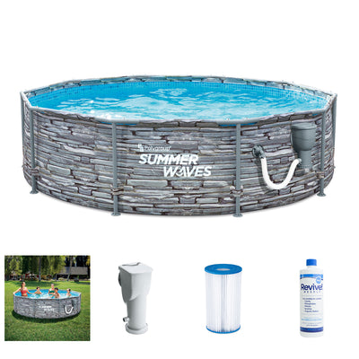 Summer Waves Active 12 Foot Stone Slate Print Metal Frame Above Ground Pool Set - VMInnovations
