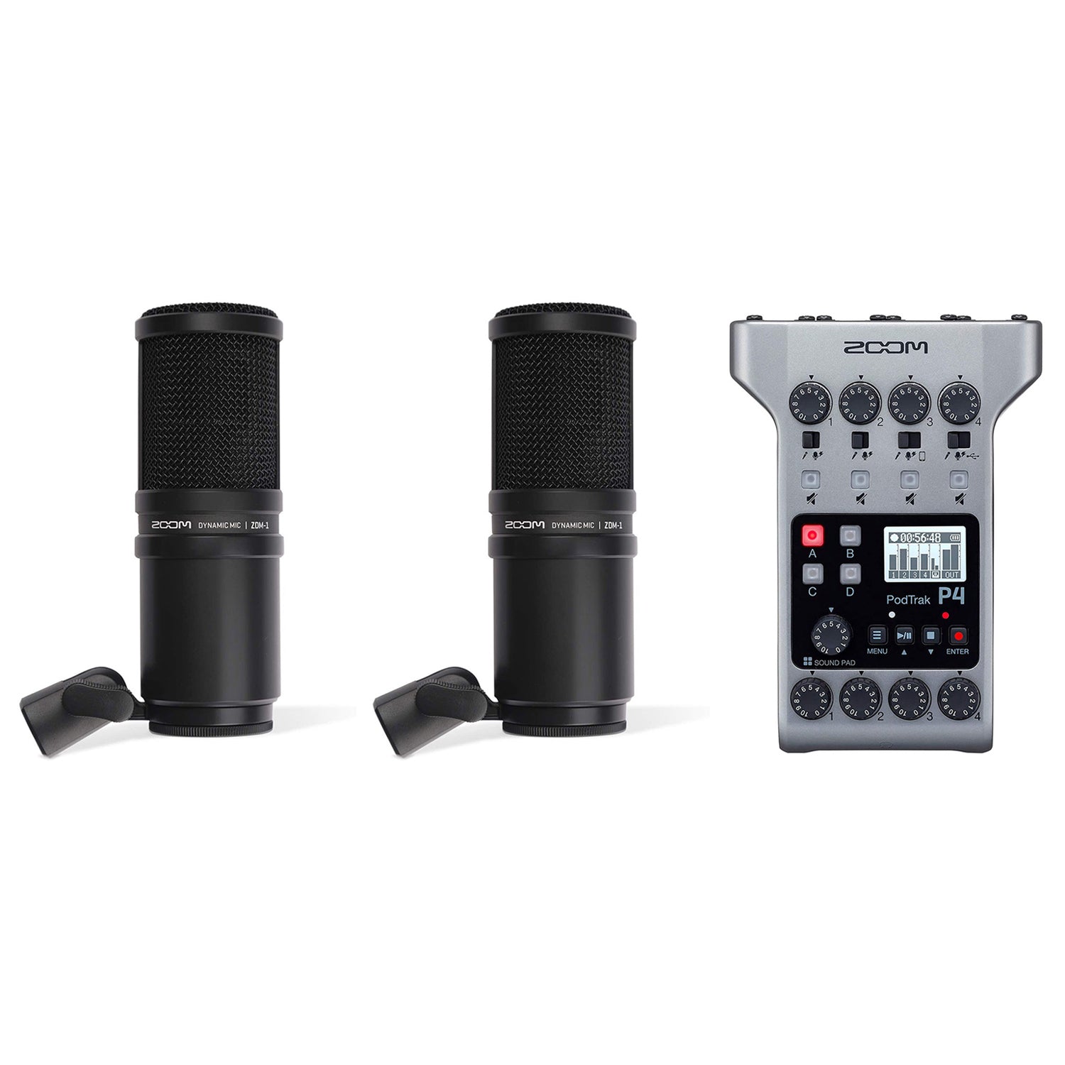 Zoom PodTrak P4 4 Track Digital Audio Recorder and (2) ZDM-1 Dynamic Microphone