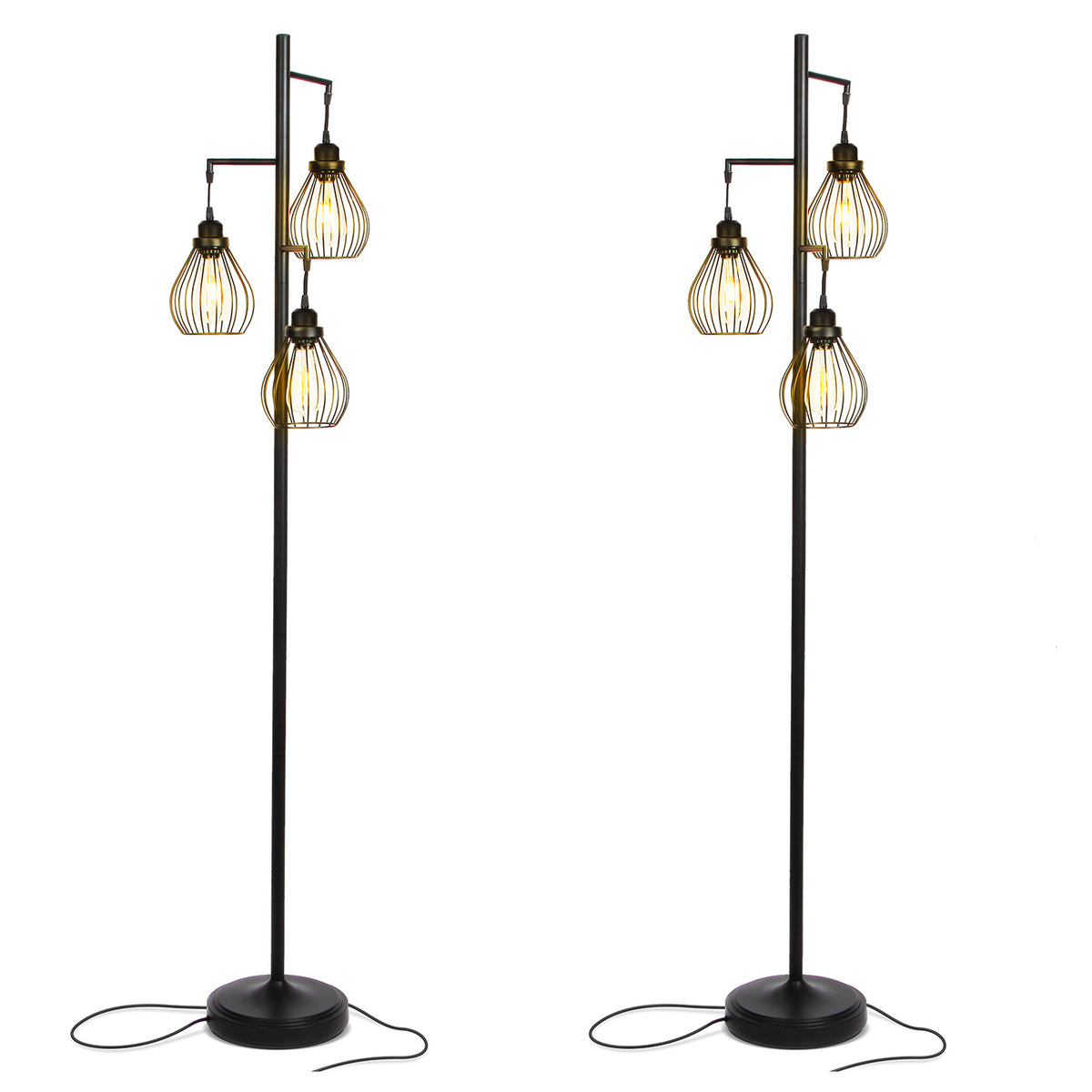 Brightech Teardrop Standing LED Floor Lamp with 3 Cage Heads, Black (2 Pack)