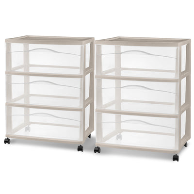 Sterilite Wide 3 Drawer Storage Cart, Plastic Rolling Organization, Grey, 2 Pack