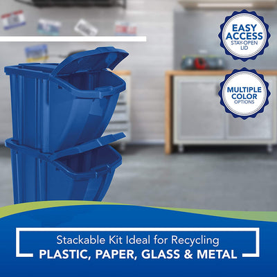 Suncast Stackable Recycling Bin Waste Basket Containers with Lids, Blue (4 Pack)