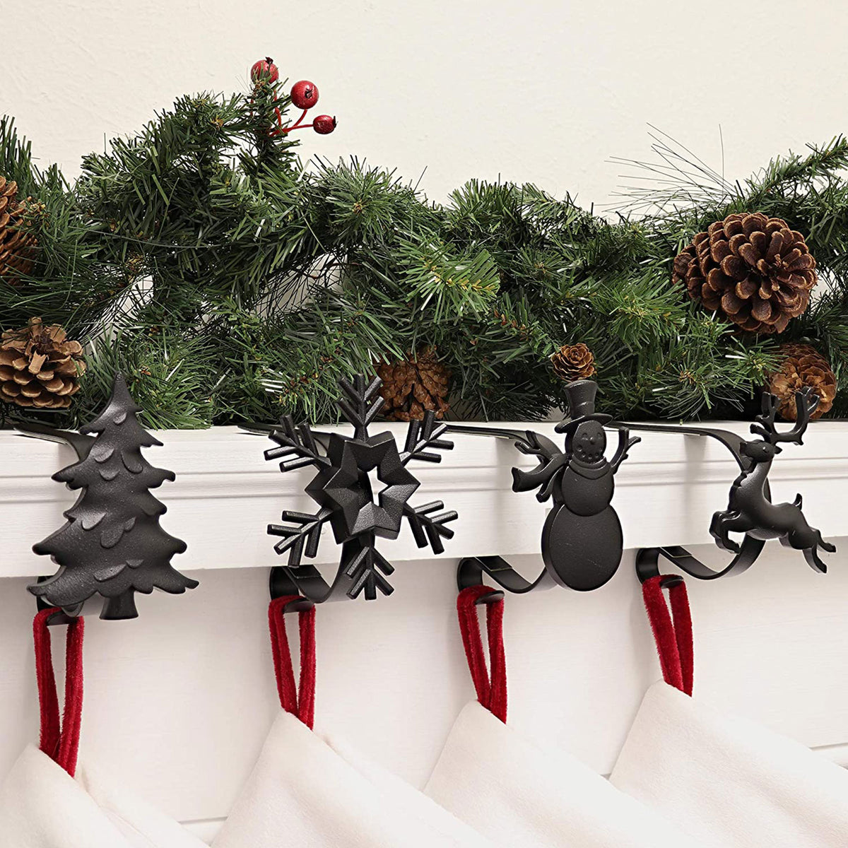 Haute Decor MantleClip Stocking Holder w/ Holiday Icons, Black(4 Pack)(Open Box)
