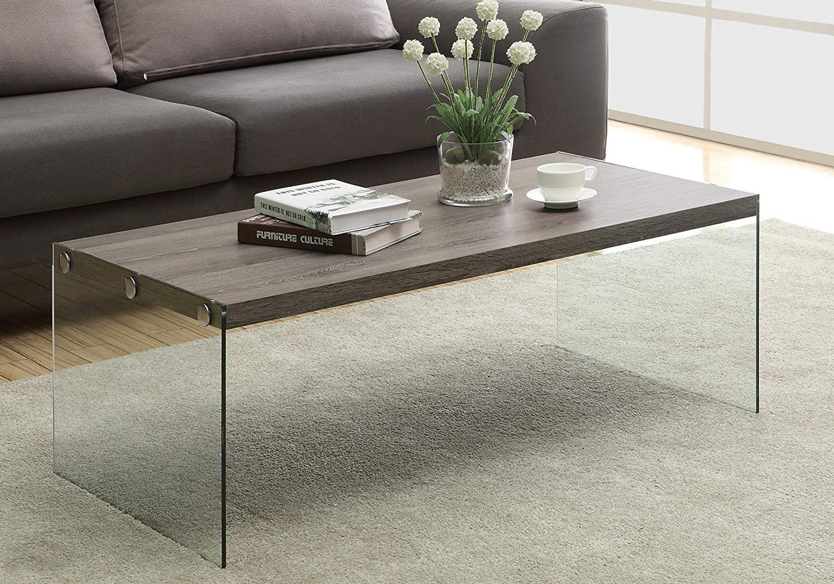 Monarch Dark Taupe Wood Look Tempered Glass Industrial Coffee Table (Open Box)