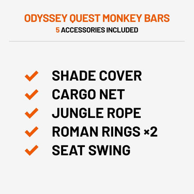 Monkey Bar Box A + Monkey Bar Box B + Monkey Bar Box C + Monkey Bar Box E + Monkey Bar Box F + Monkey Bar Box G + Cargo Net (XL/L) + Quest Shade Cover (Large) + Roman Rings (2) + Jungle Rope + Seat Swing - VMInnovations