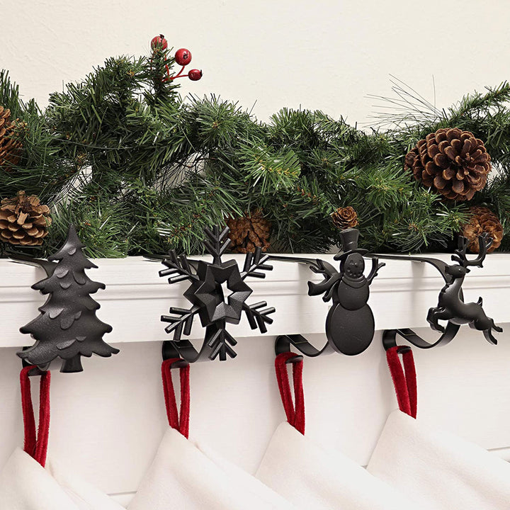 Haute Decor MantleClip Stocking Holder with Metal Holiday Icons, Black (4 Pack) - VMInnovations