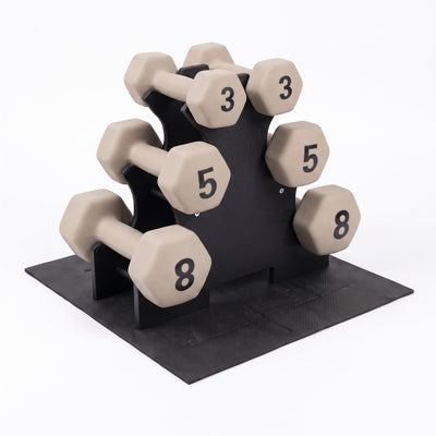 Aurorafy Neoprene Dumbbell Workout Set with Rack, 3 lbs, 5 lbs, & 8 lbs, Beige