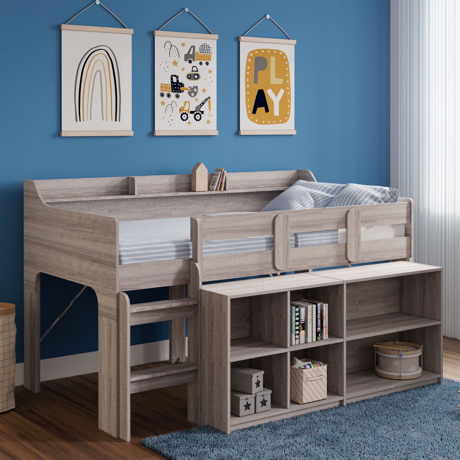 Rack Furniture Hamilton Twin Sized Loft Bed Frame with Storage Unit, Grey Wash - VMInnovations