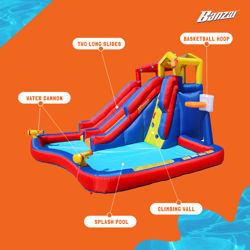 Banzai Twin Falls Kids Giant Outdoor Inflatable Dual Water Slide Splash Park Toy