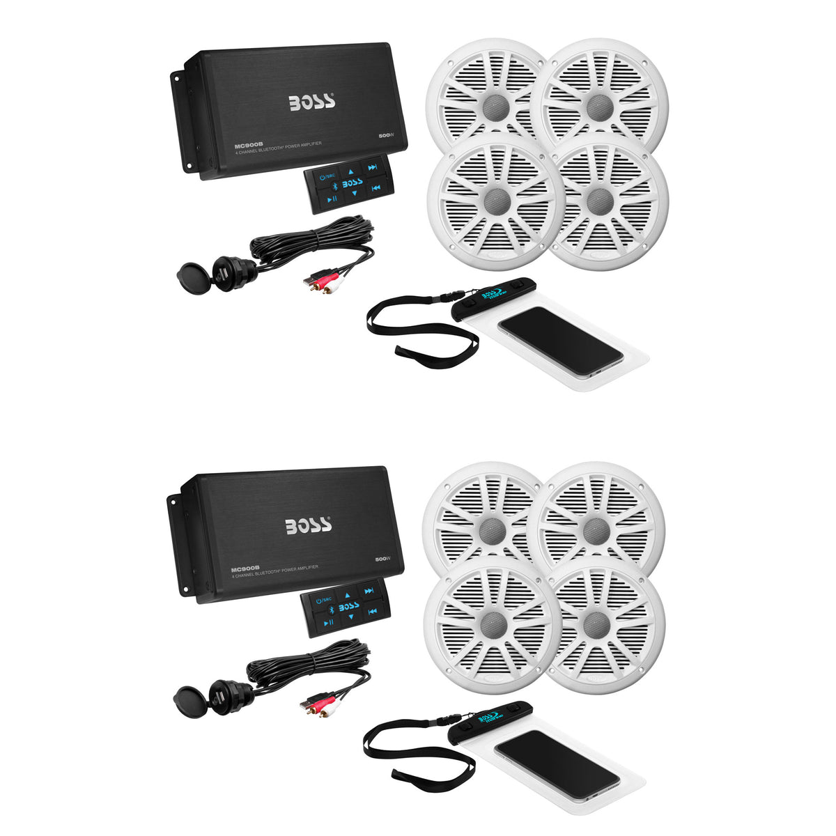 Boss Audio ASK904B.64 Marine Audio Amplifier, Speakers, USB Cable, & Phone Pouch (2 Pack)