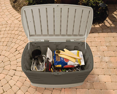 Rubbermaid 75 Gallon Medium Resin Outdoor Patio Storage Box with Seat, Sandstone