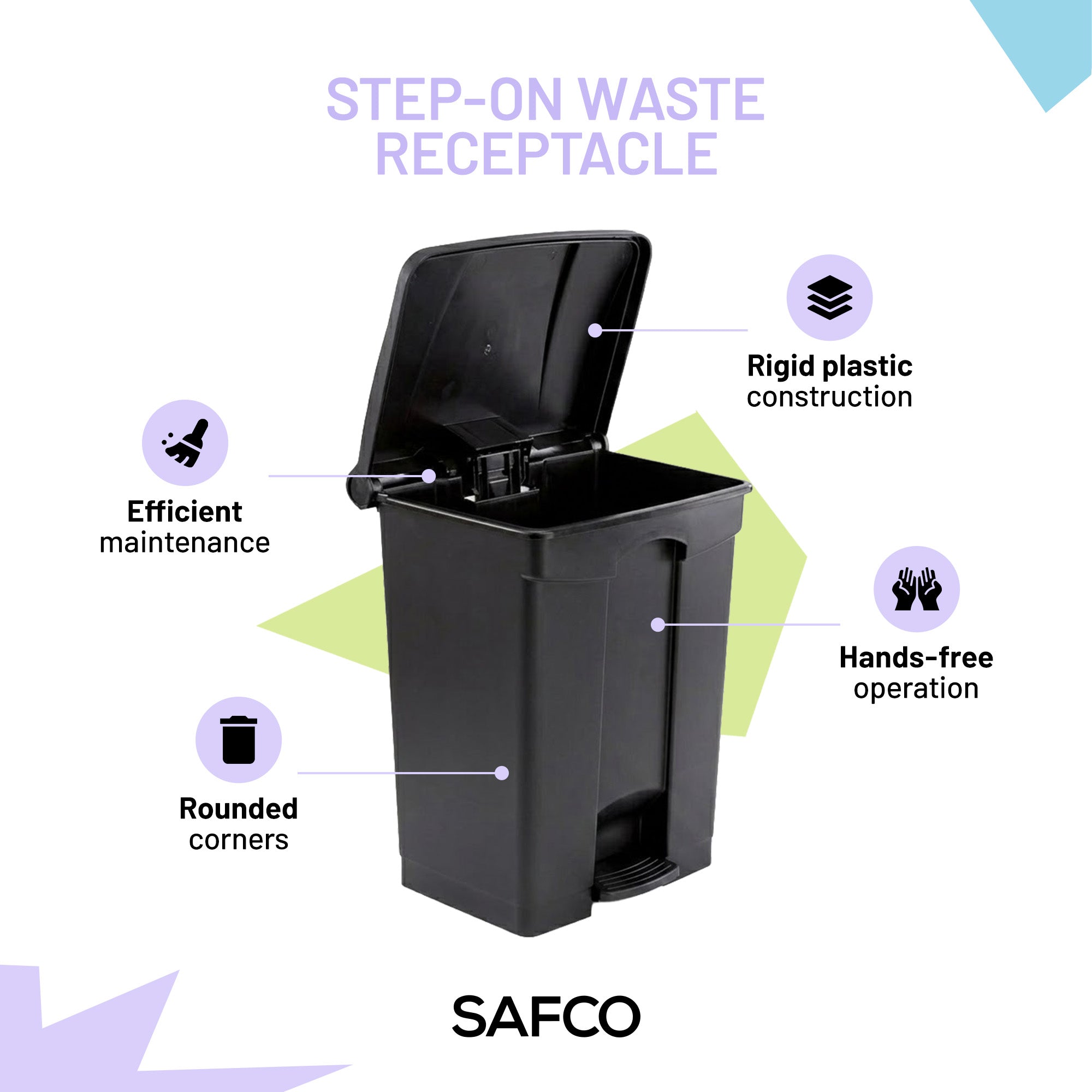 Safco Step On Trash Can w/Foot Pedal, 17 Gal Plastic Hands Free Waste Bin, Black