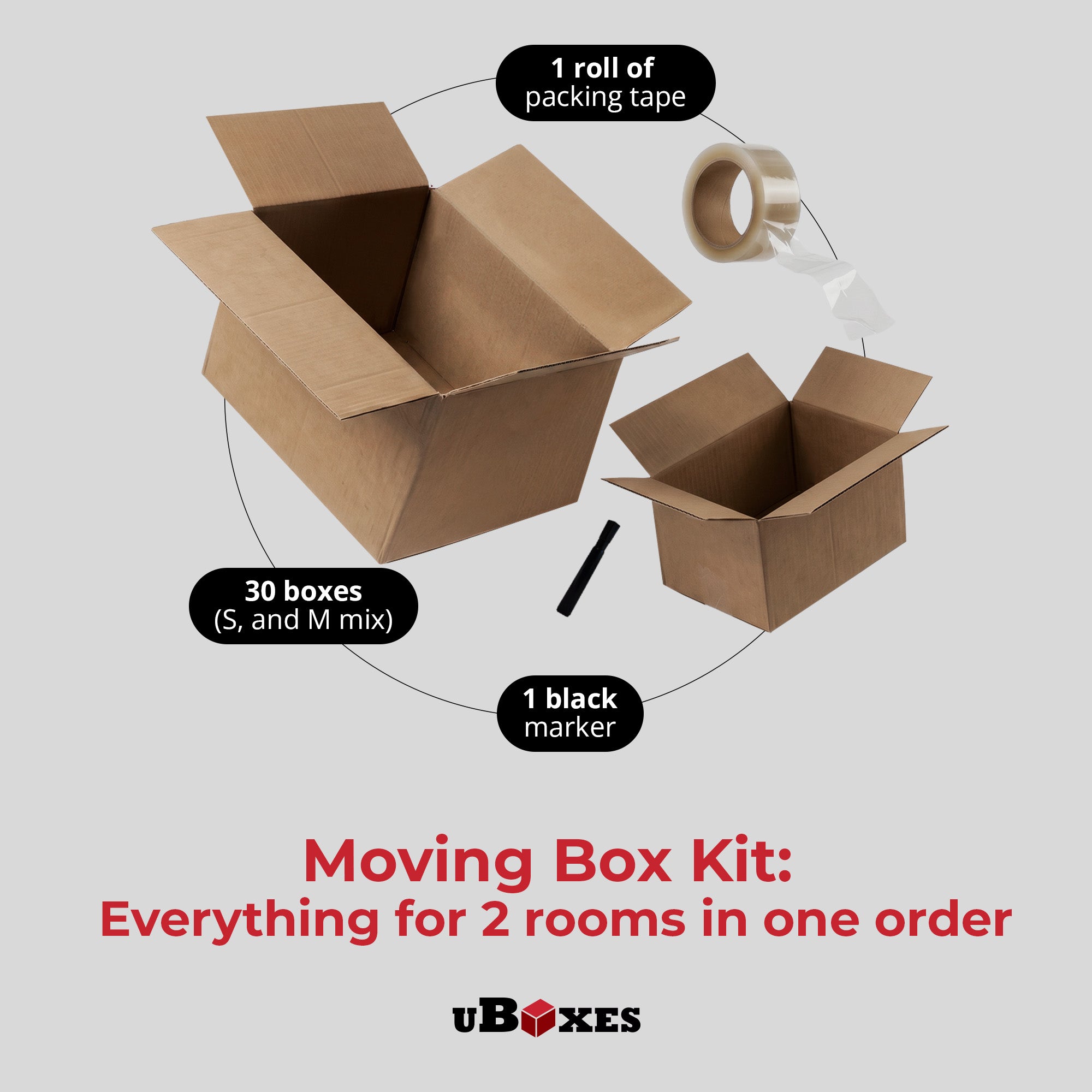 UBMOVE 2 Room Moving Kit, 30 Corrugated Cardboard Boxes with Packing Supplies - VMInnovations
