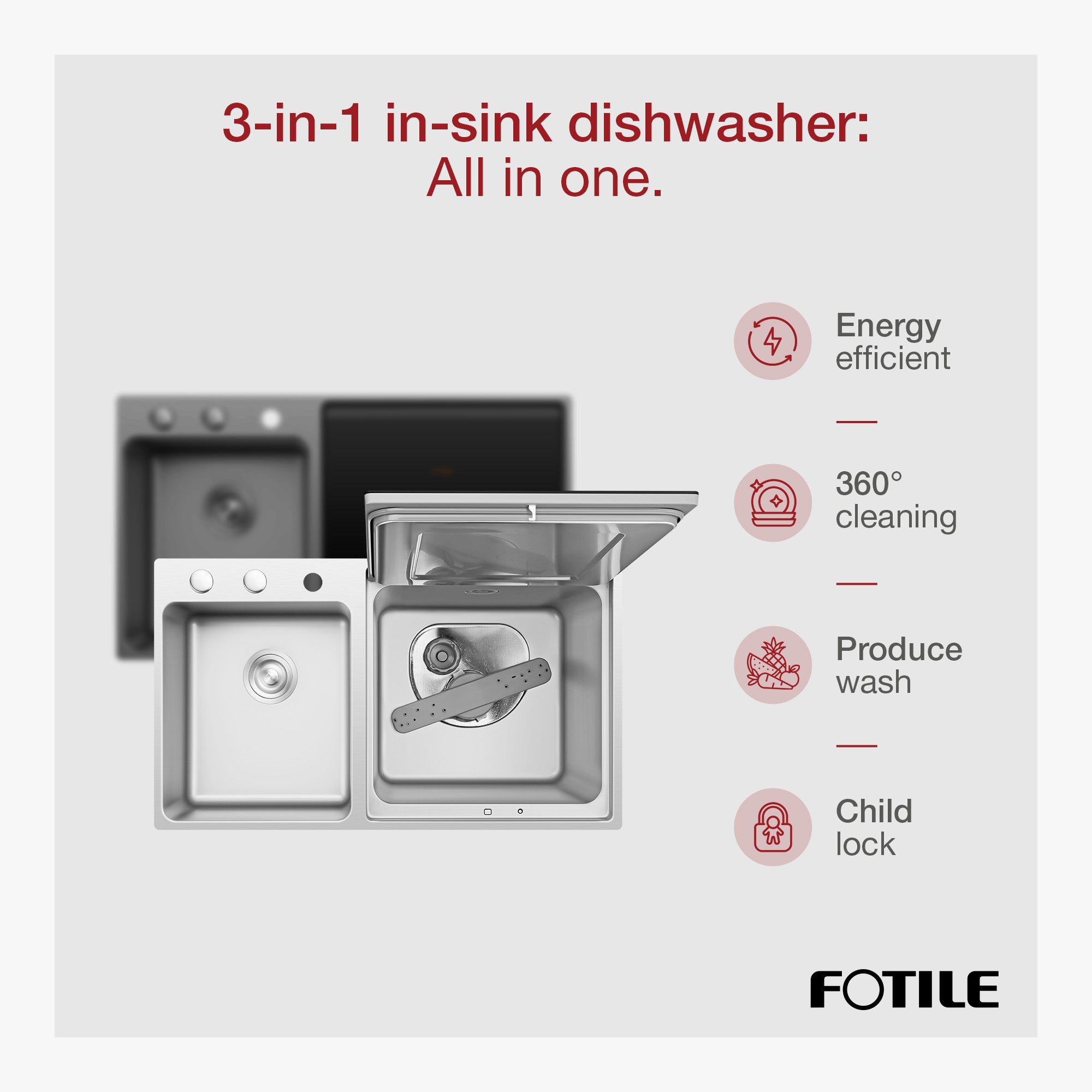 FOTILE 3-in-1 Dishwasher, Right Side Kitchen Sink Combo with 360-Degree Cleaning