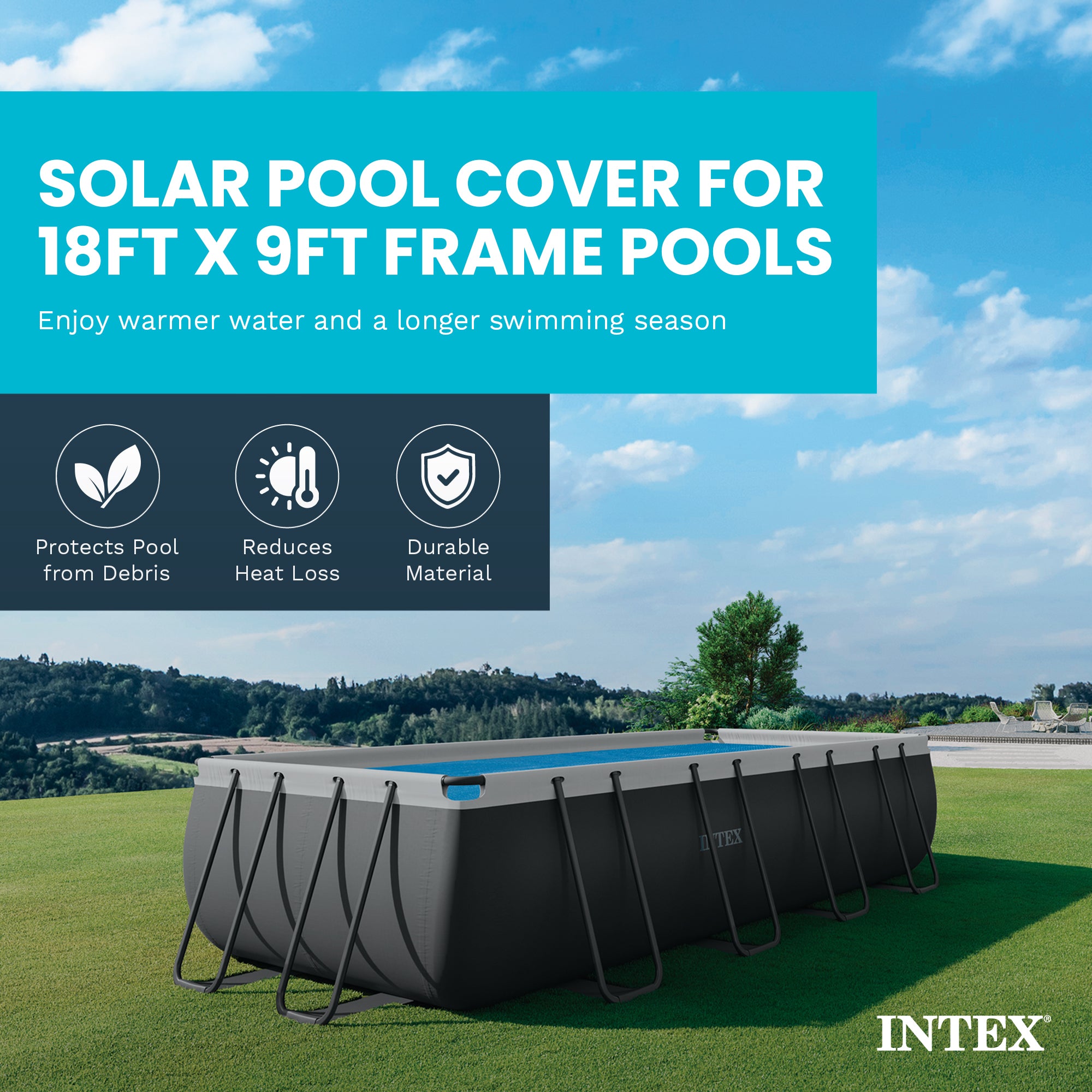 Intex Solar Pool Cover for 18' x 9' Rectangular Frame Swimming Pools, Cover Only