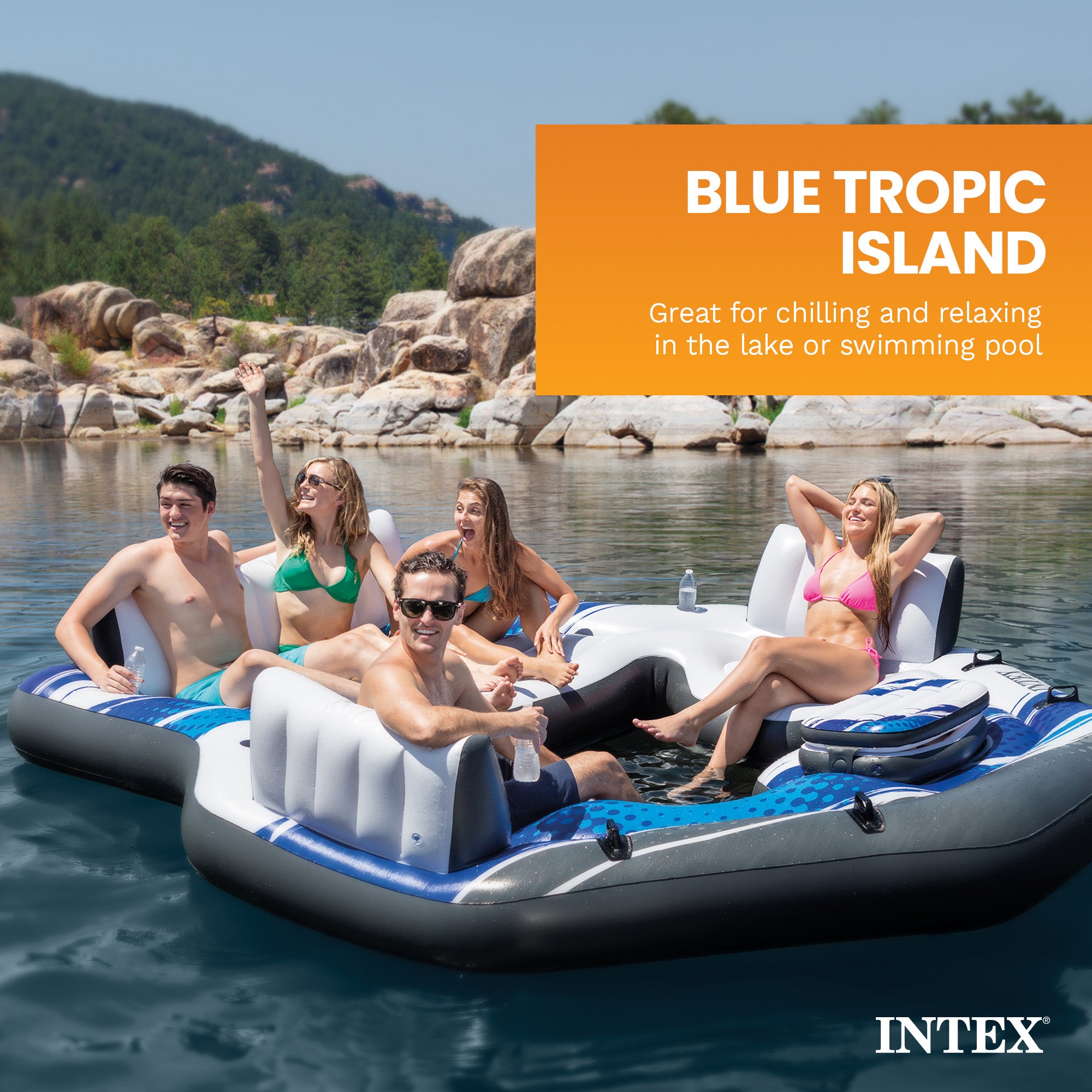 Intex Blue Tropic Inflatable Lake Island Water Float with Cooler and Cupholders