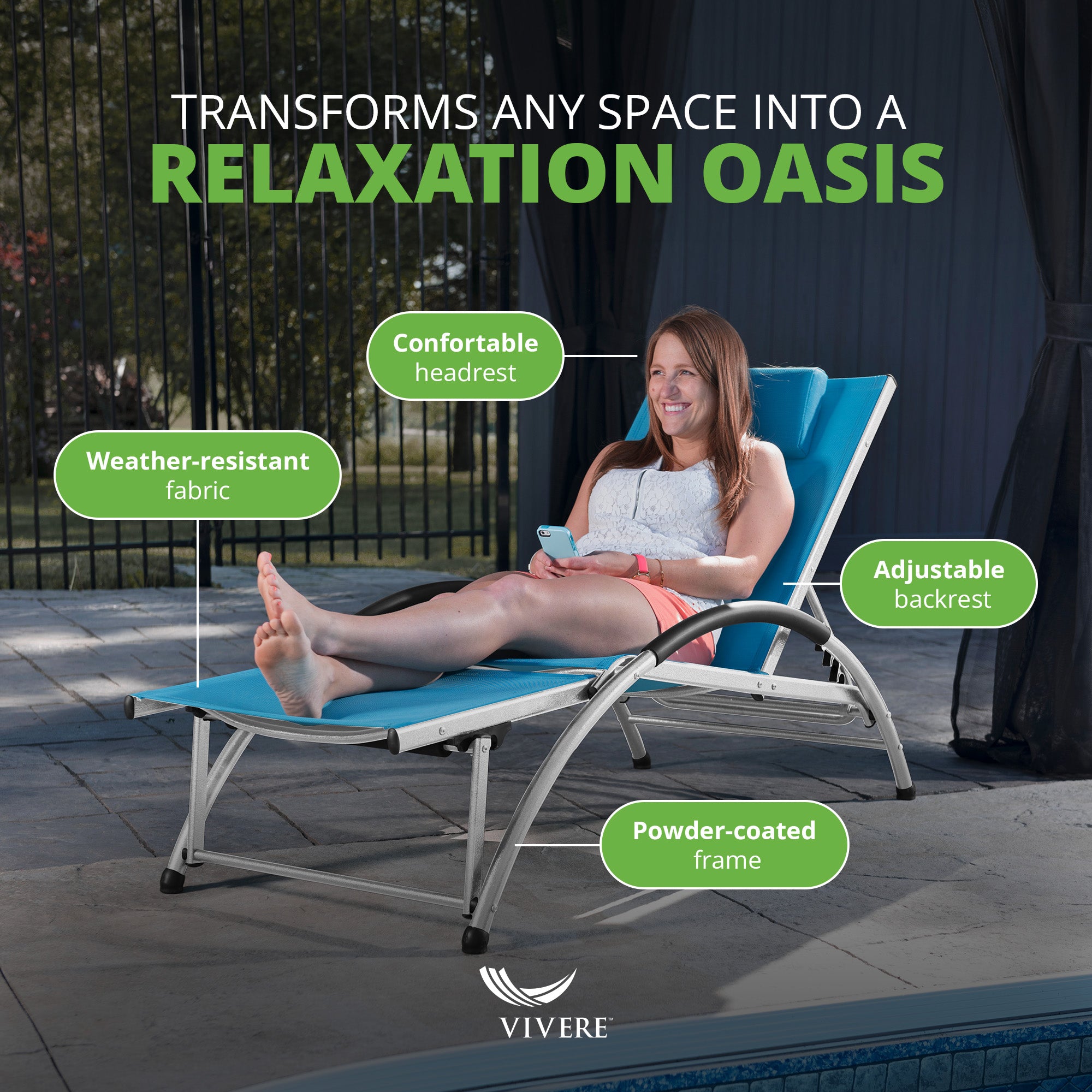 Vivere Aluminum Reclining Dockside Sun Lounger for Patio & Pool, True Turquoise
