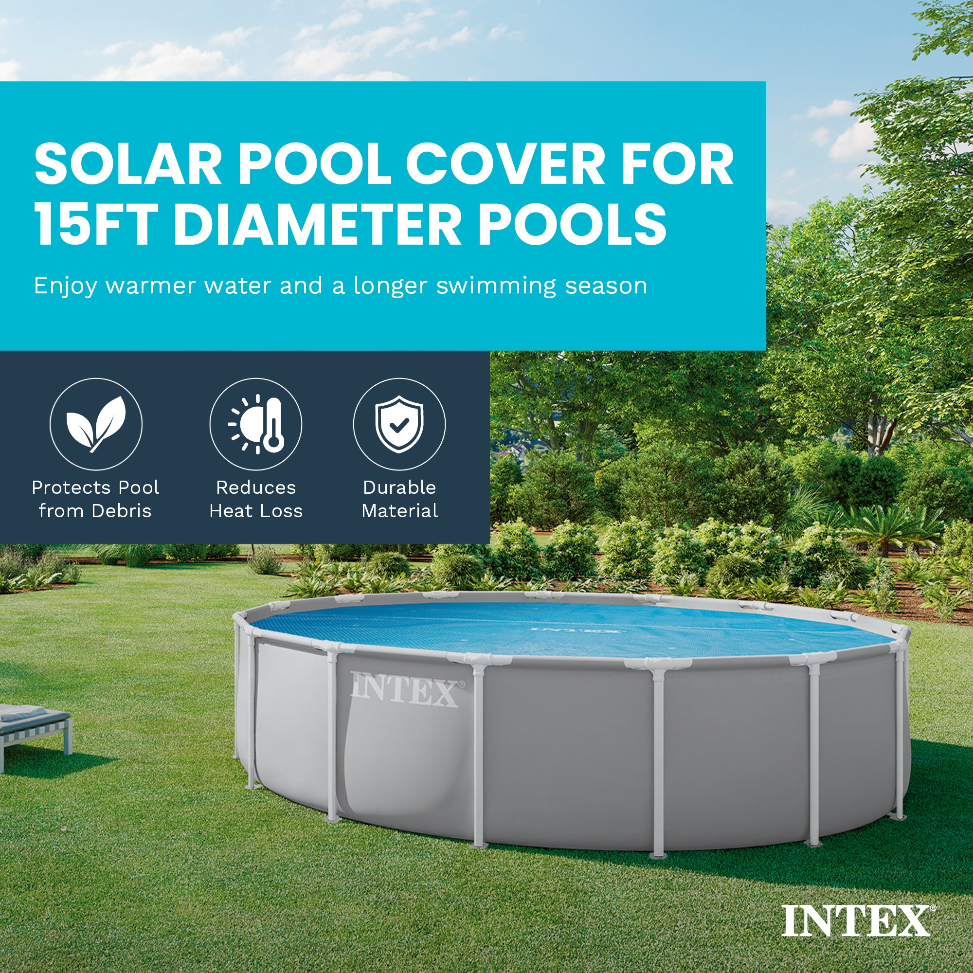 Intex 15 Foot Round Easy Set Vinyl Solar Cover for Swimming Pools, Blue | 29023E