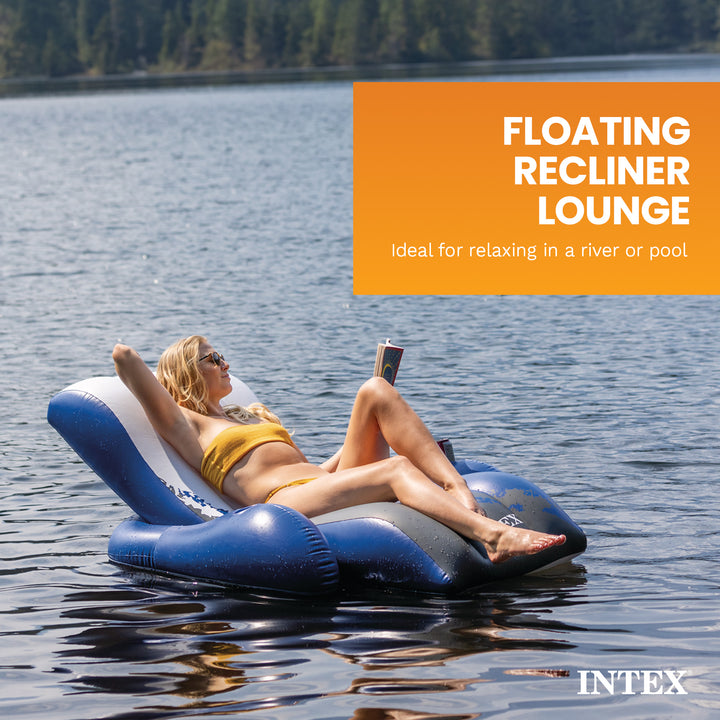 Intex Floating Recliner Inflatable Lake Lounge, Pool Float Chair w/ Cup Holders - VMInnovations