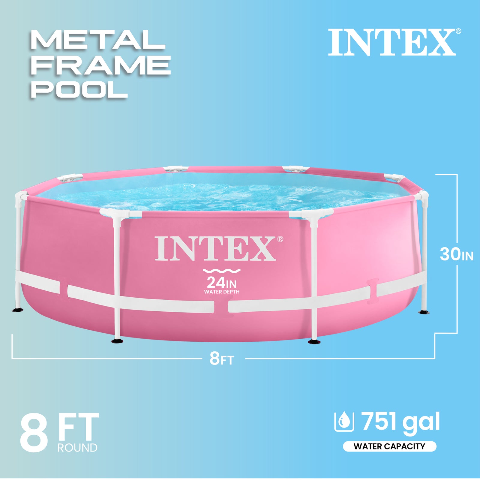 Intex 28290EH 8ft x 30in Round Metal Frame Above Ground Swimming Pool, Pink - VMInnovations