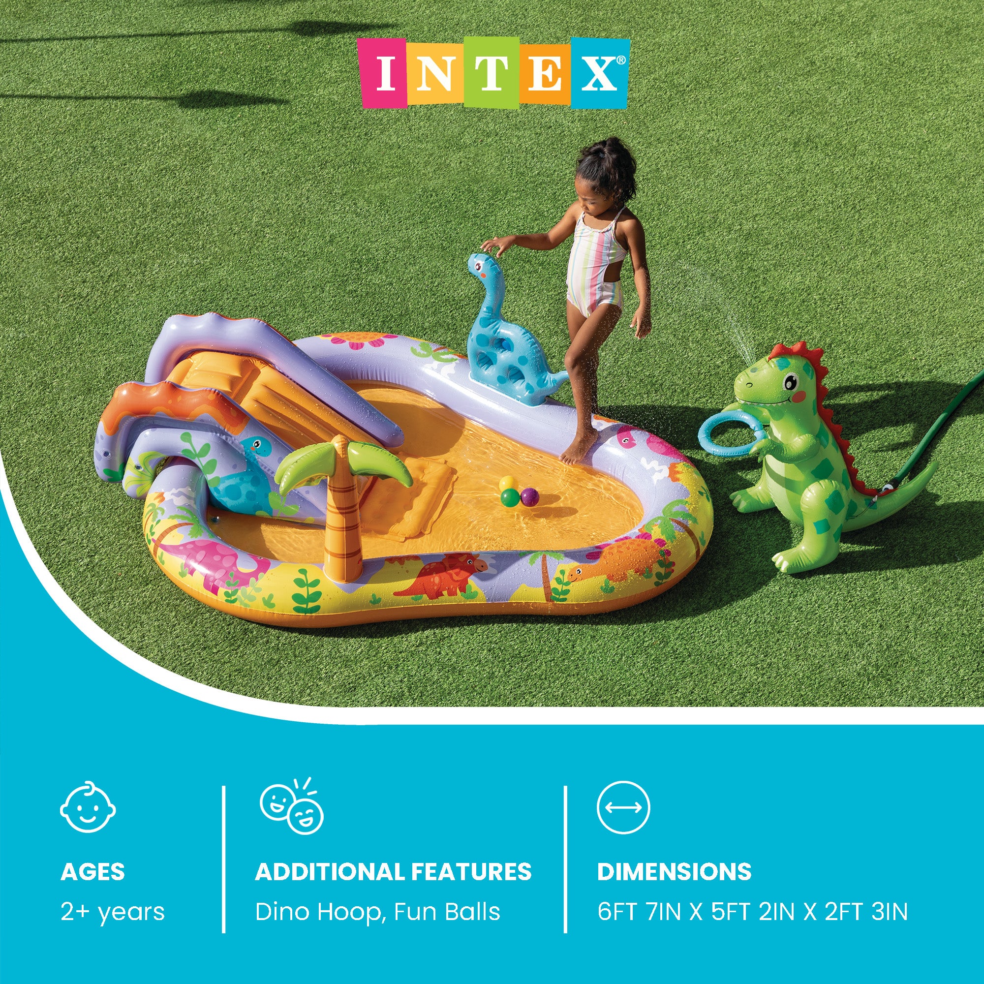 INTEX Dino Park Inflatable Kiddie Pool with Slide & Splash Pad (Open Box) - VMInnovations