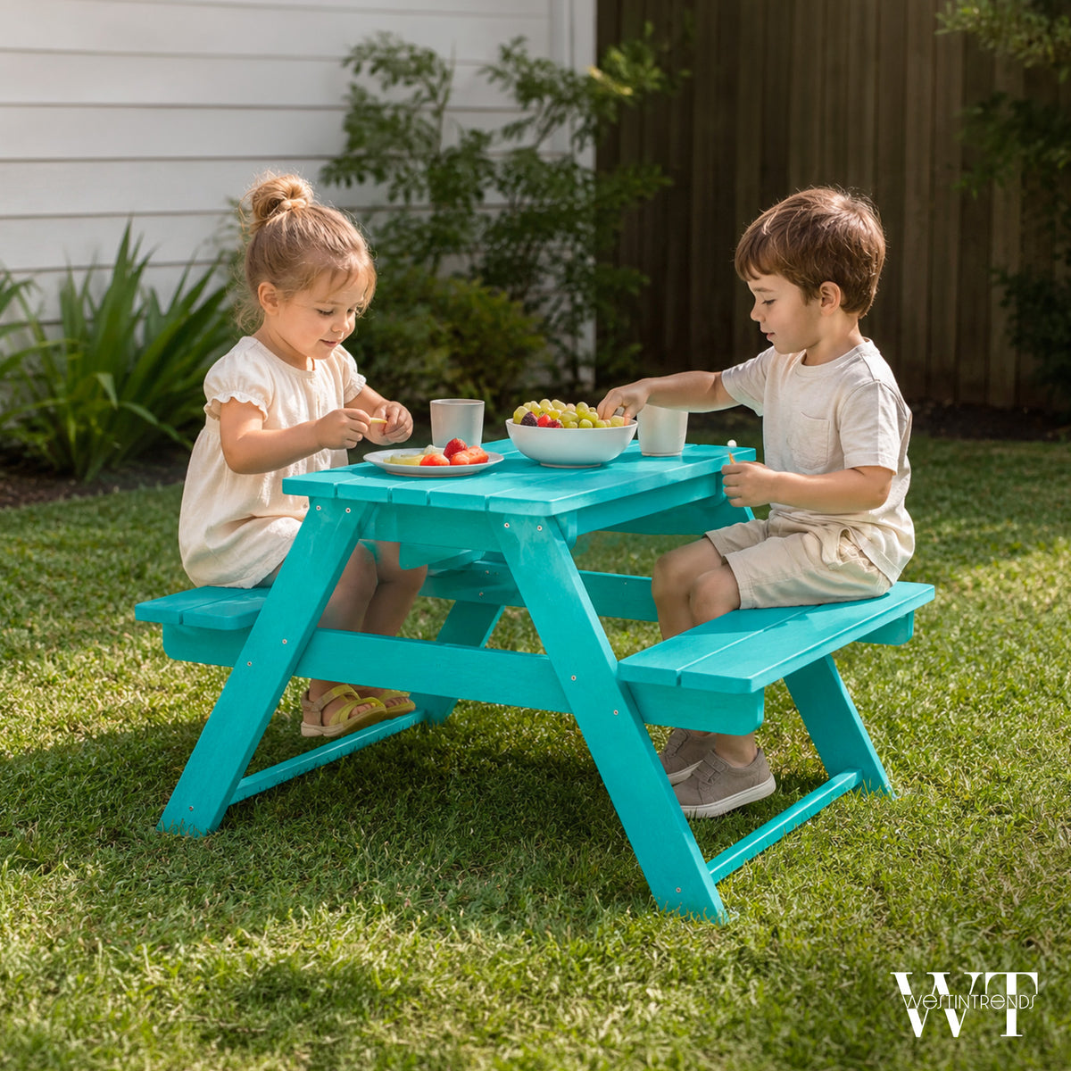 WestinTrends Malibu Indoor/Outdoor HDPE Picnic Bench Table for Kids, Turquoise