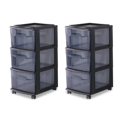 Homz 25-inch Tall Plastic 3 Wheeled Drawer Home Storage Organizer Cart  (2 Pack) - VMInnovations