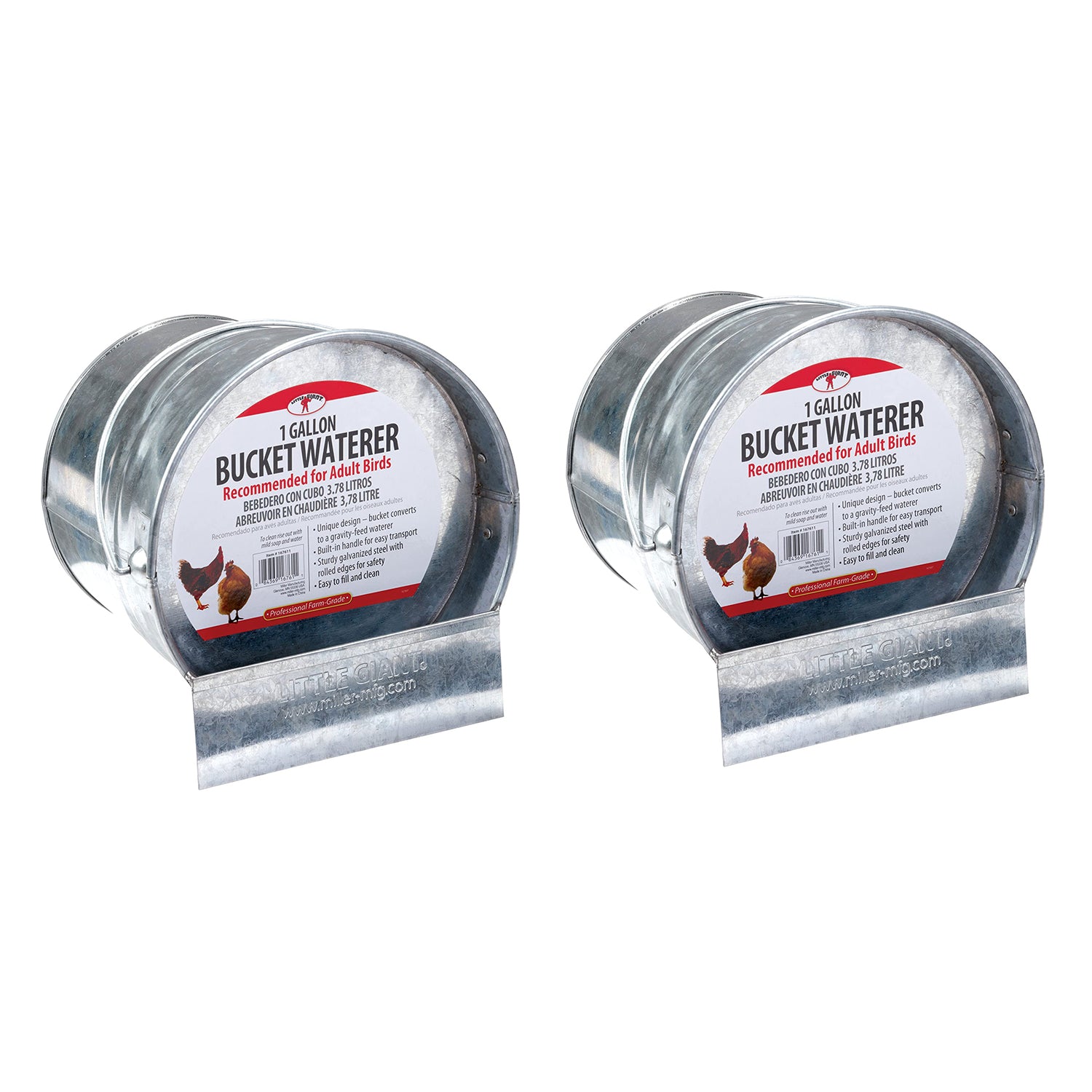 Little Giant 1-Gallon Steel Poultry Bucket Waterer w/ Built-In Handle (2 Pack) - VMInnovations