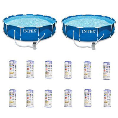 Intex 12' x 30" MetalFrame Round Pool (2 Pack) & Replacement Cartridge (12 Pack)