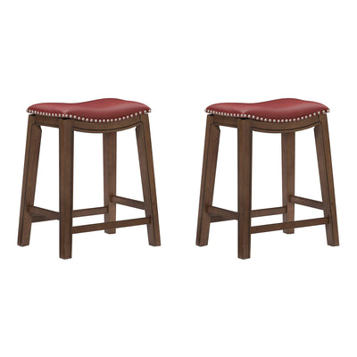 Homelegance 24" Counter Height Wooden Saddle Seat Barstool, Gray Red (2 Pack)